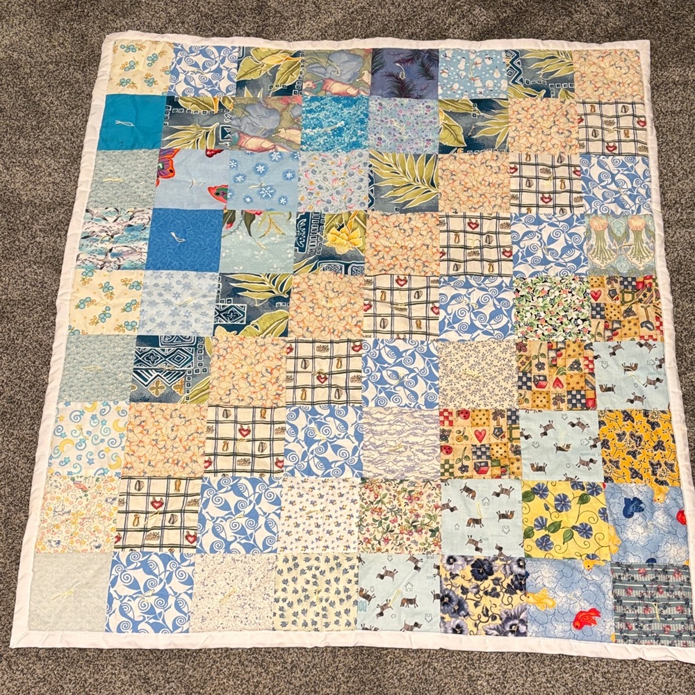 Patchwork Quilt with Blue and Yellow Patterns for Baby cottagecore grandmacore